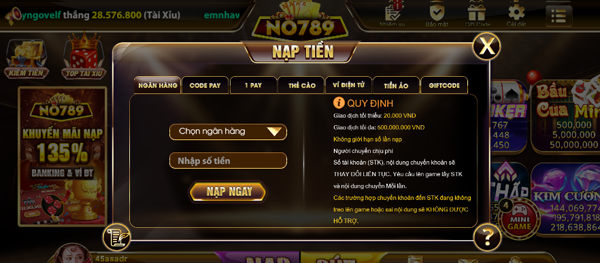 Nạp tiền ngân hàng No789 nhanh chóng